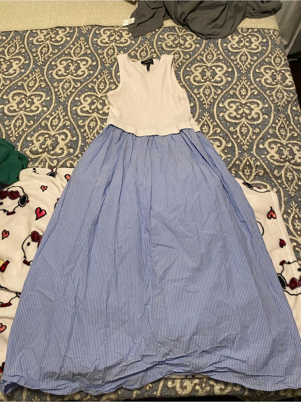 Girls Sleeveless White Top with Blue Striped Maxi Skirt Dress